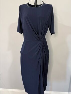 Michael Kors Navy Blue Ruched Sheath Dress Size Small Studded Neckline